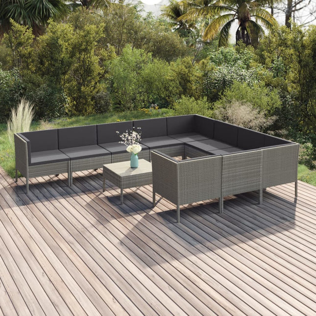 -Delige Loungeset Met Kussens Poly Rattan Grijs 4x hoek + 6x midden + Tafel