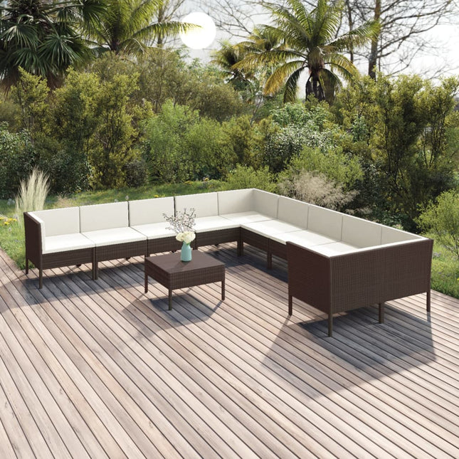 -Delige Loungeset Met Kussens Poly Rattan Bruin 6x midden + 4x hoek + Tafel