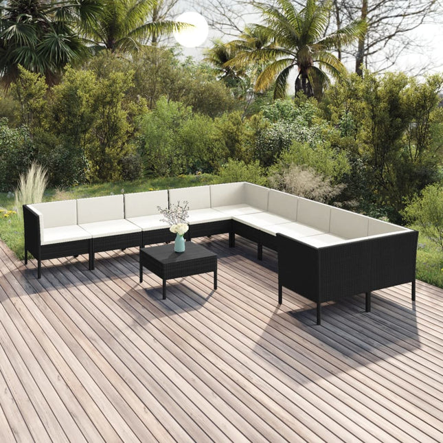 -Delige Loungeset Met Kussens Poly Rattan Zwart 6x midden + 4x hoek + Tafel