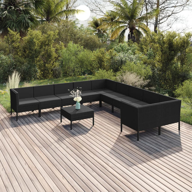 -Delige Loungeset Met Kussens Poly Rattan Zwart 6x midden + 4x hoek + Tafel