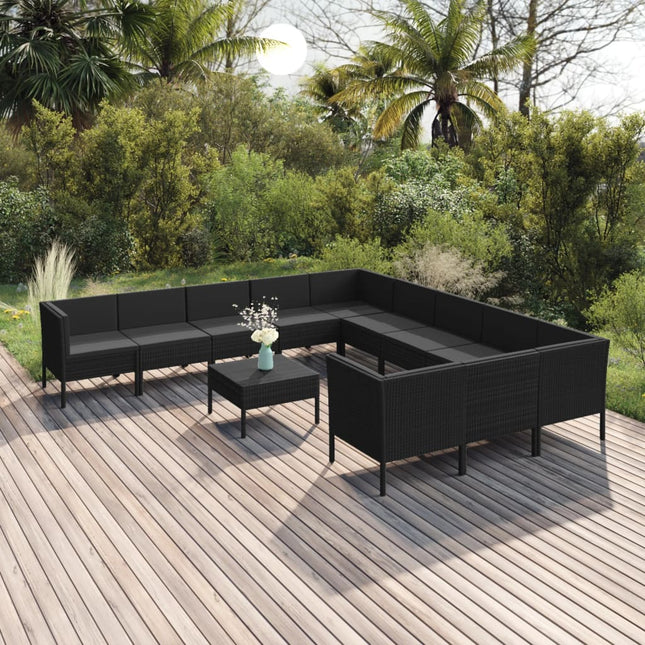 2-Delige Loungeset Met Kussens Poly Rattan Zwart 4x hoek + 7x midden + Tafel