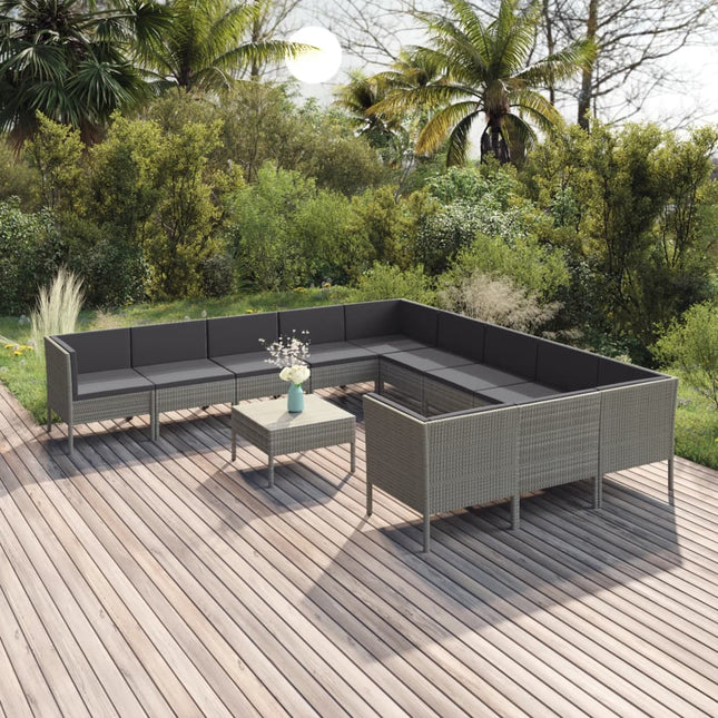 2-Delige Loungeset Met Kussens Poly Rattan Grijs 4x hoek + 7x midden + Tafel