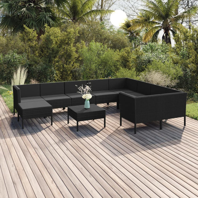 -Delige Loungeset Met Kussens Poly Rattan Zwart 4x hoek + 5x midden + voetensteun + Tafel