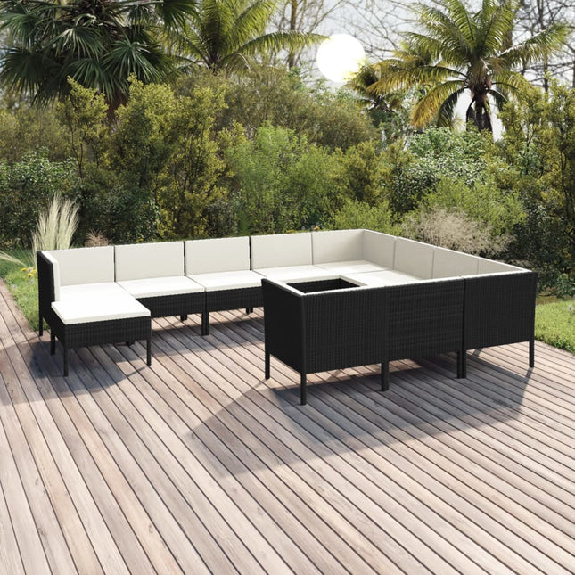 -Delige Loungeset Met Kussens Poly Rattan Zwart 6x midden + 4x hoek + voetensteun