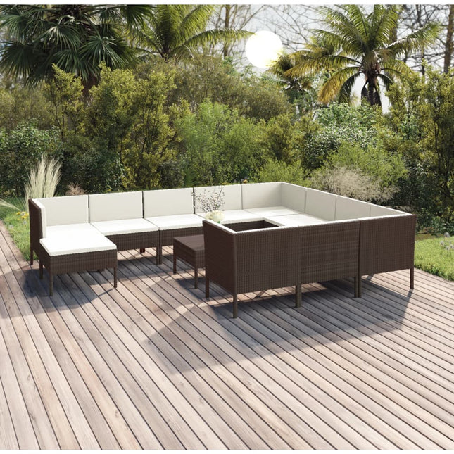 2-Delige Loungeset Met Kussens Poly Rattan Bruin 4x hoek + 6x midden + voetensteun + Tafel