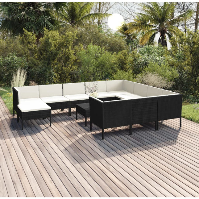 2-Delige Loungeset Met Kussens Poly Rattan Zwart 4x hoek + 6x midden + voetensteun + Tafel