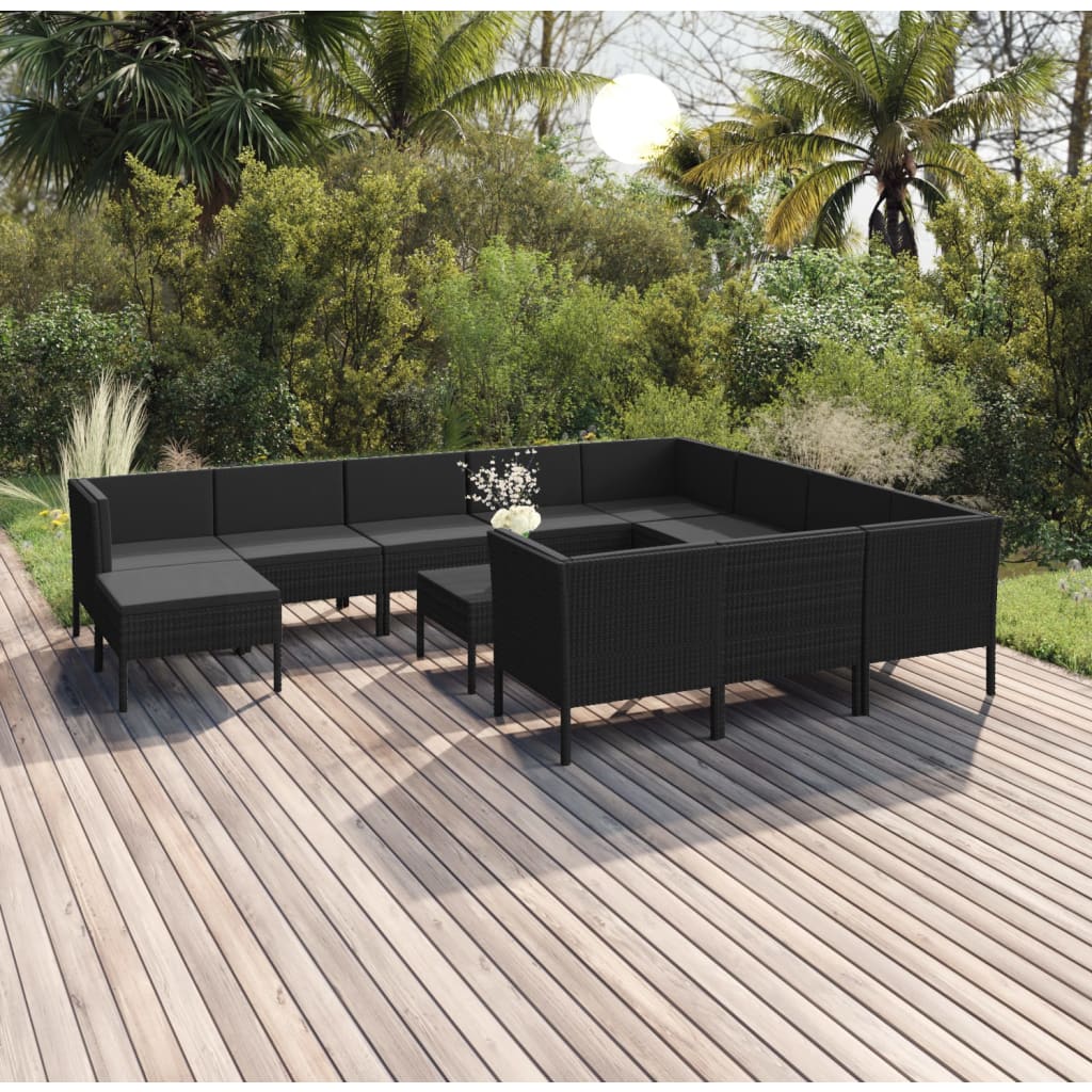 12-Delige Loungeset Met Kussens Poly Rattan Zwart 1