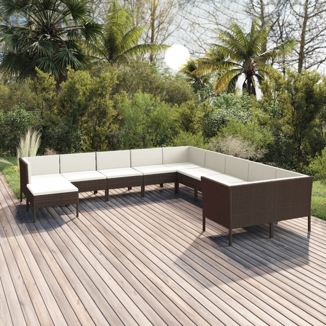 -Delige Loungeset Met Kussens Poly Rattan Bruin 4x hoek + 6x midden + voetensteun