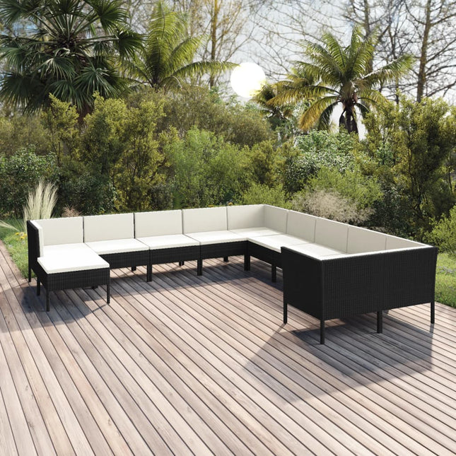 -Delige Loungeset Met Kussens Poly Rattan Zwart 4x hoek + 6x midden + voetensteun