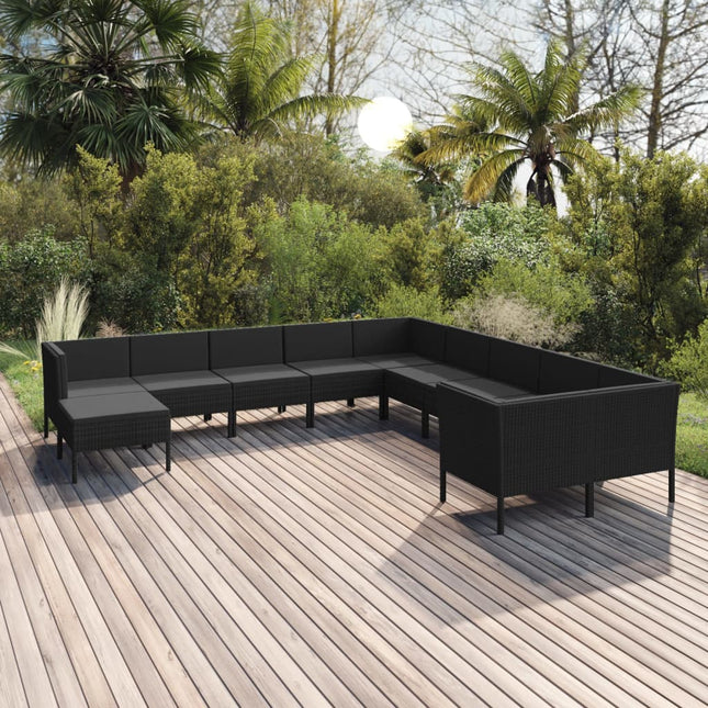 -Delige Loungeset Met Kussens Poly Rattan Zwart 4x hoek + 6x midden + voetensteun