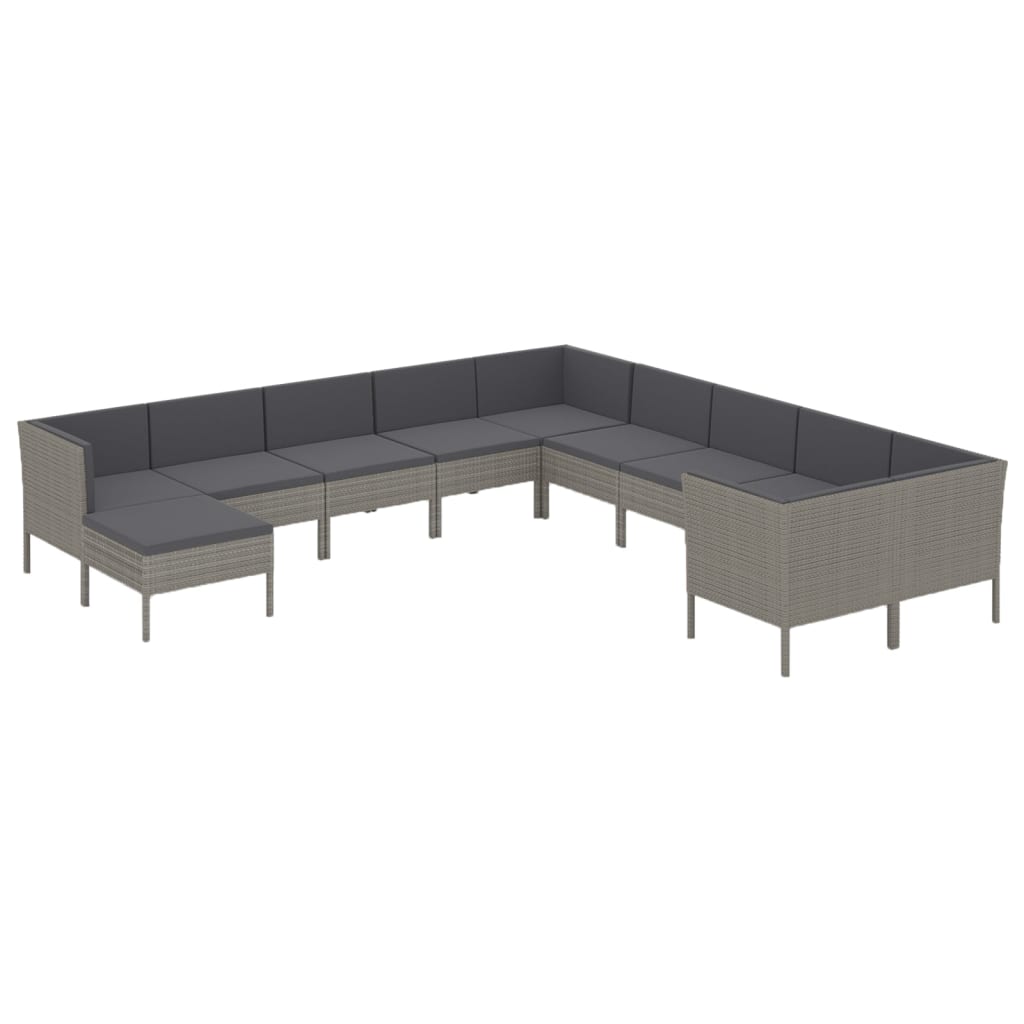 -Delige Loungeset Met Kussens Poly Rattan Grijs 4x hoek + 6x midden + voetensteun