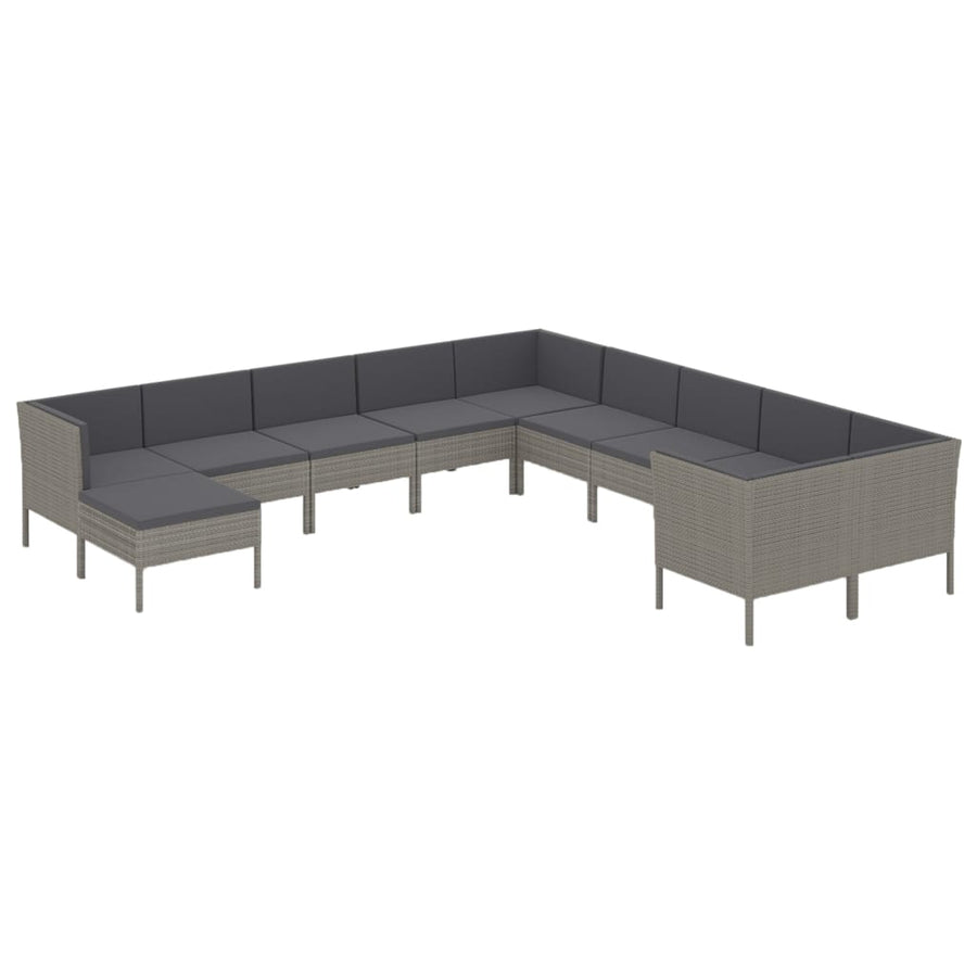 -Delige Loungeset Met Kussens Poly Rattan Grijs 4x hoek + 6x midden + voetensteun