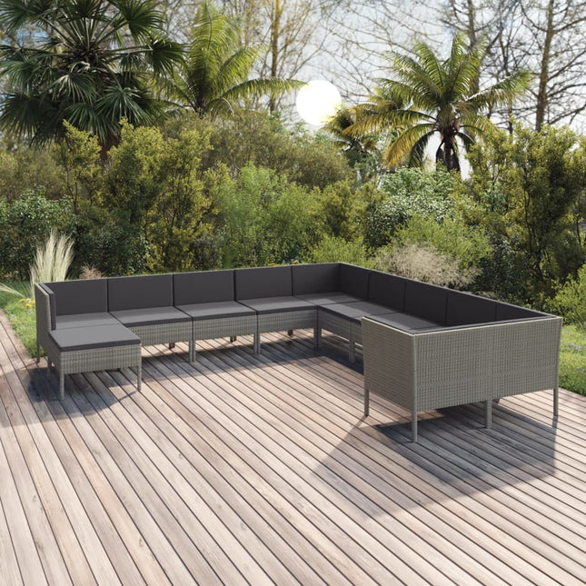 -Delige Loungeset Met Kussens Poly Rattan Grijs 4x hoek + 6x midden + voetensteun