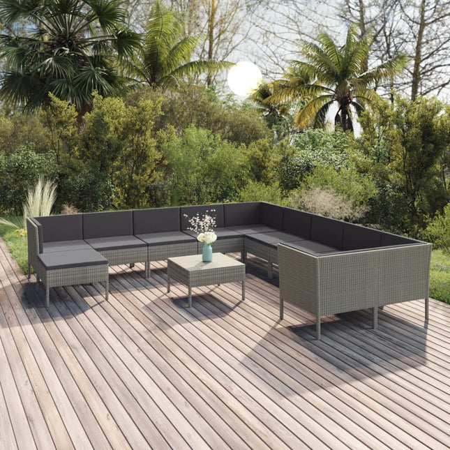 2-Delige Loungeset Met Kussens Poly Rattan Grijs 6x midden + 4x hoek + voetensteun + Tafel