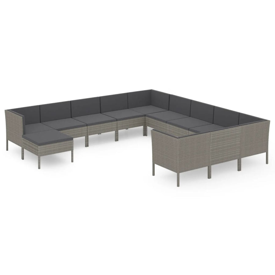 2-Delige Loungeset Met Kussens Poly Rattan Grijs 4x hoek + 7x midden + voetensteun