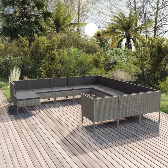 2-Delige Loungeset Met Kussens Poly Rattan Grijs 4x hoek + 7x midden + voetensteun