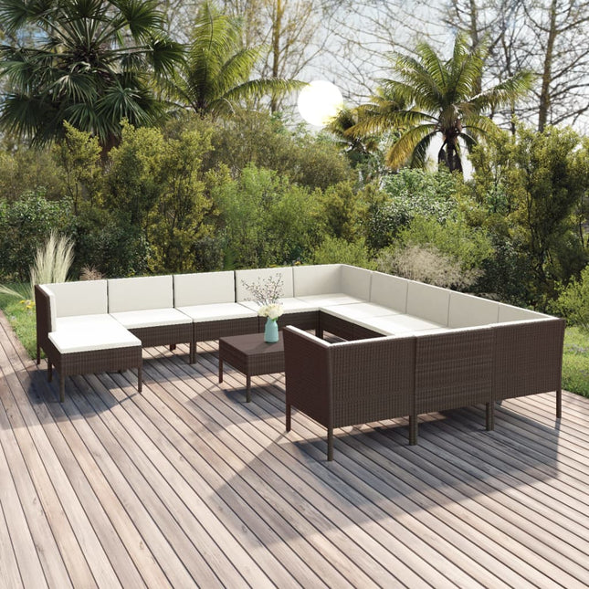 3-Delige Loungeset Met Kussens Poly Rattan Bruin 4x hoek + 7x midden + voetensteun + Tafel