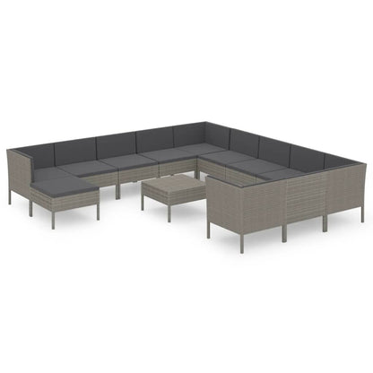3-Delige Loungeset Met Kussens Poly Rattan Grijs 4x hoek + 7x midden + voetensteun + Tafel