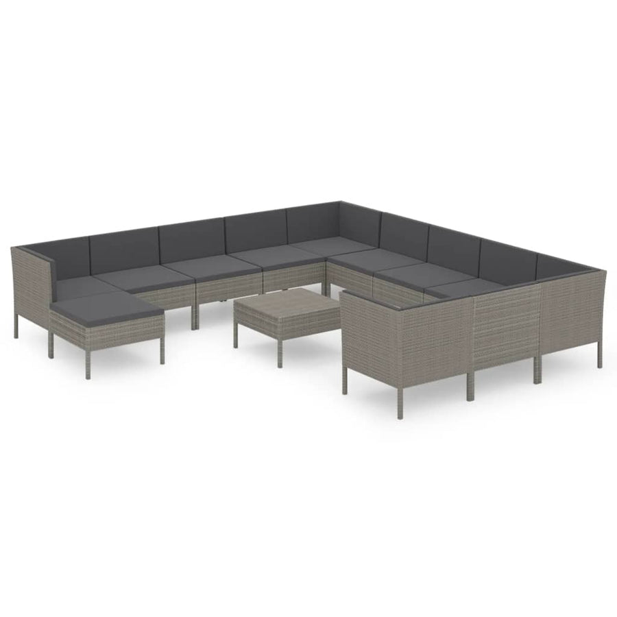 3-Delige Loungeset Met Kussens Poly Rattan Grijs 4x hoek + 7x midden + voetensteun + Tafel