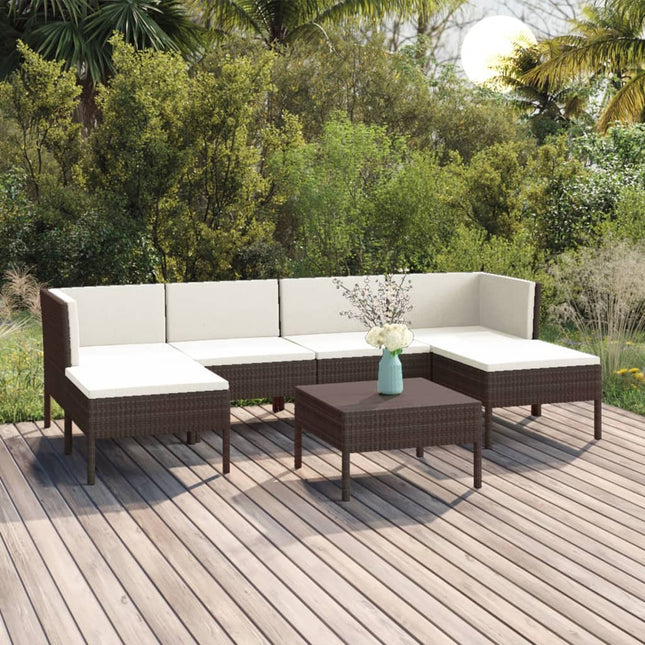 7-Delige Loungeset Met Kussens Poly Rattan Bruin 2x hoek + 2x midden + 2x voetensteun + Tafel