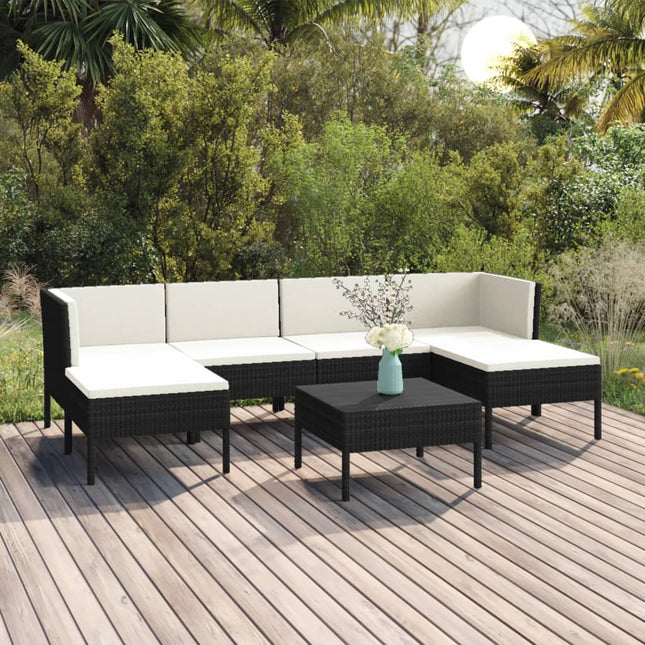 7-Delige Loungeset Met Kussens Poly Rattan Zwart 2x hoek + 2x midden + 2x voetensteun + Tafel