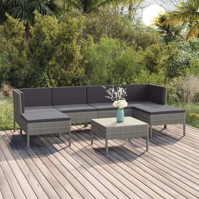 7-Delige Loungeset Met Kussens Poly Rattan Grijs 2x hoek + 2x midden + 2x voetensteun + Tafel