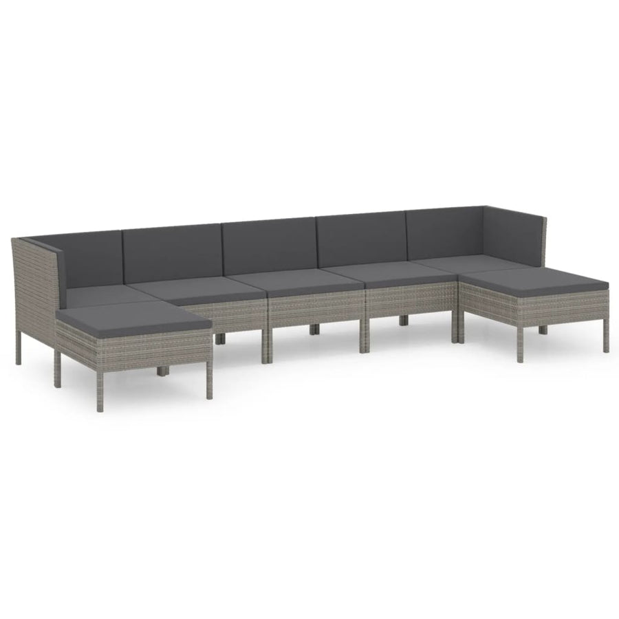 7-Delige Loungeset Met Kussens Poly Rattan Grijs 2x hoek + 3x midden + 2x voetensteun