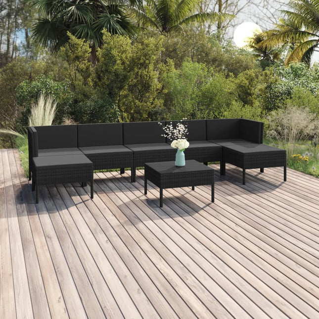 8-Delige Loungeset Met Kussens Poly Rattan Zwart 2x hoek + 3x midden + 2x voetensteun+ Tafel