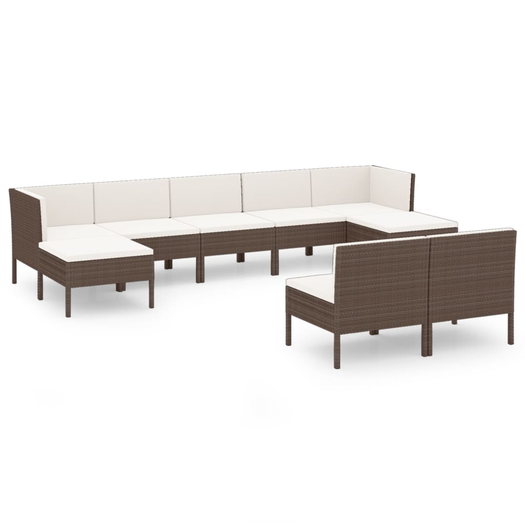 9-Delige Loungeset Met Kussens Poly Rattan Bruin 2x hoek + 5x midden + 2x voetensteun