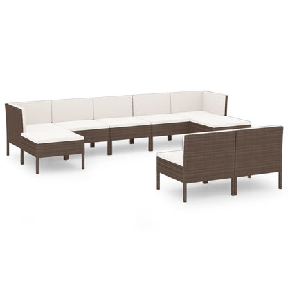 9-Delige Loungeset Met Kussens Poly Rattan Bruin 2x hoek + 5x midden + 2x voetensteun