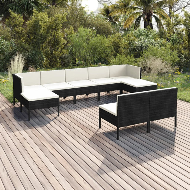 9-Delige Loungeset Met Kussens Poly Rattan Zwart 2x hoek + 5x midden + 2x voetensteun