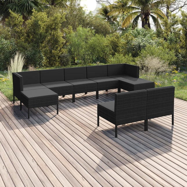 9-Delige Loungeset Met Kussens Poly Rattan Zwart 2x hoek + 5x midden + 2x voetensteun