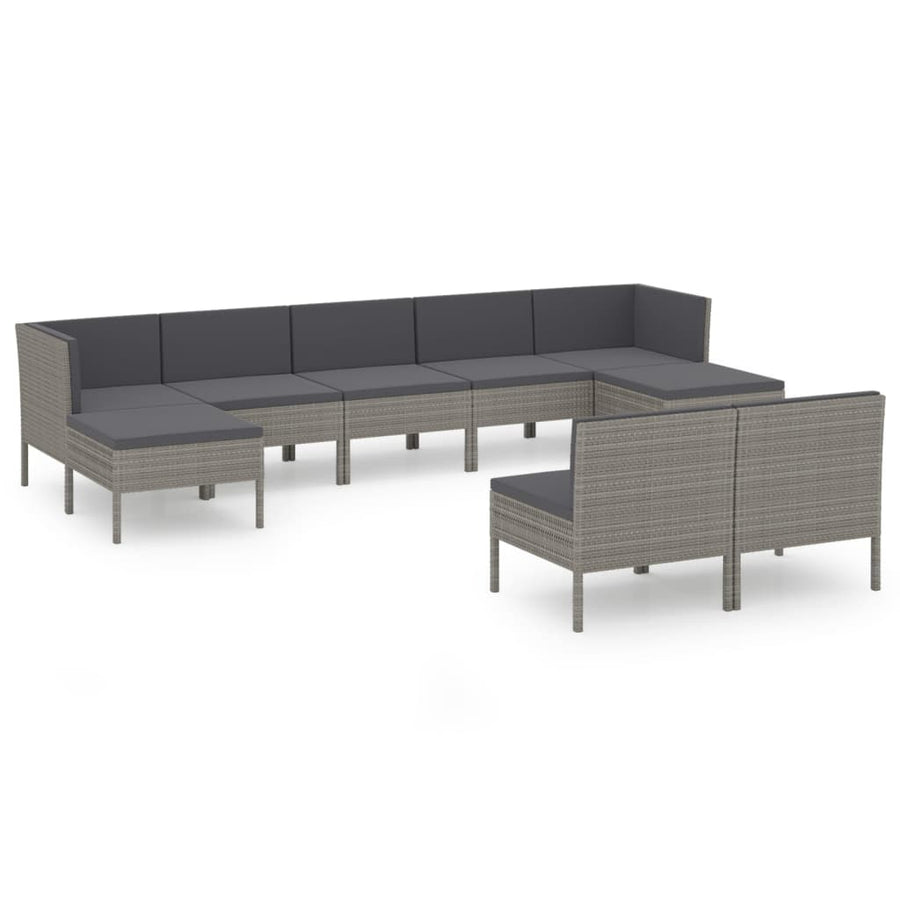 9-Delige Loungeset Met Kussens Poly Rattan Grijs 2x hoek + 5x midden + 2x voetensteun