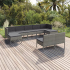 9-Delige Loungeset Met Kussens Poly Rattan Grijs 2x hoek + 5x midden + 2x voetensteun