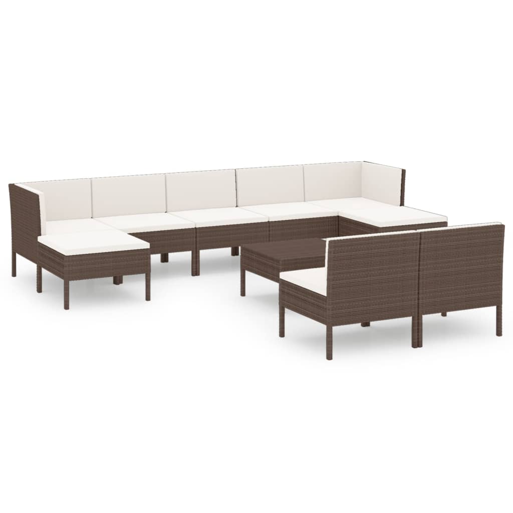 0-Delige Loungeset Met Kussens Poly Rattan Bruin 2x hoek + 5x midden + 2x voetensteun + Tafel