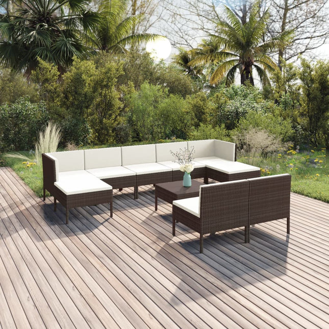 0-Delige Loungeset Met Kussens Poly Rattan Bruin 2x hoek + 5x midden + 2x voetensteun + Tafel