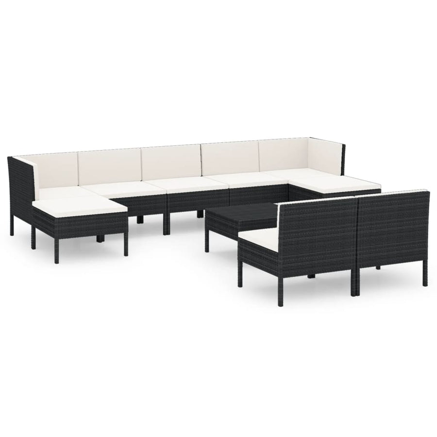 10-delige Loungeset met kussens poly rattan zwart