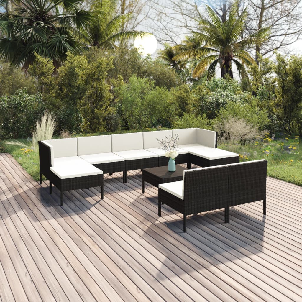 10-delige Loungeset met kussens poly rattan zwart