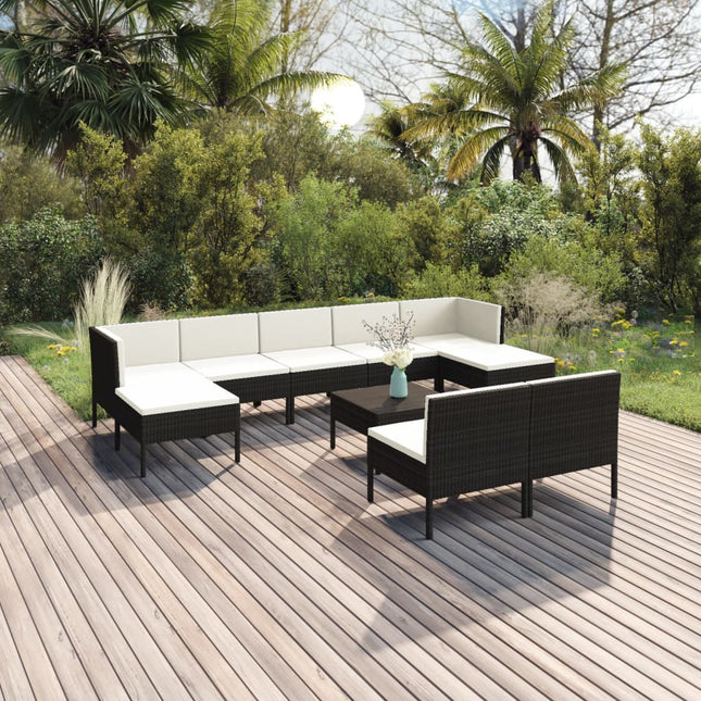 0-Delige Loungeset Met Kussens Poly Rattan Zwart 2x hoek + 5x midden + 2x voetensteun + Tafel