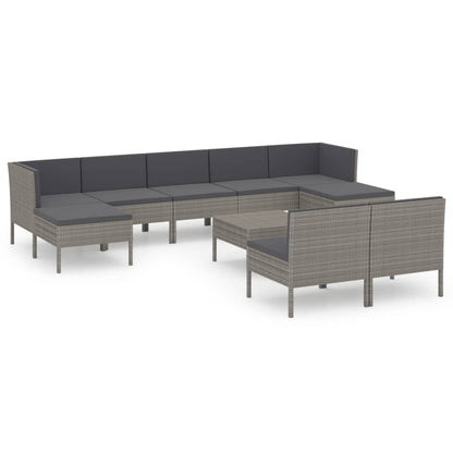 0-Delige Loungeset Met Kussens Poly Rattan Grijs 2x hoek + 5x midden + 2x voetensteun + Tafel