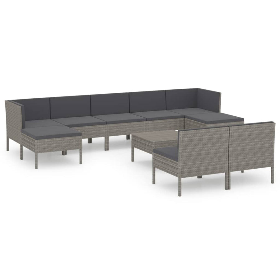0-Delige Loungeset Met Kussens Poly Rattan Grijs 2x hoek + 5x midden + 2x voetensteun + Tafel