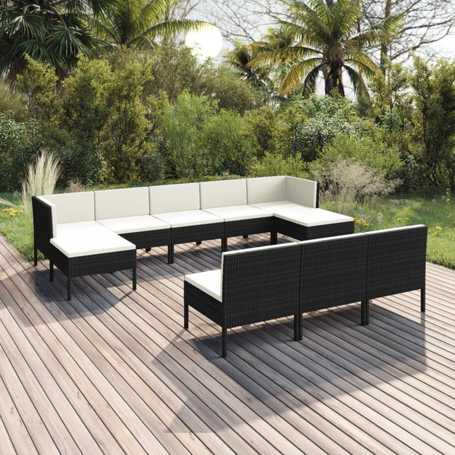 0-Delige Loungeset Met Kussens Poly Rattan Zwart 2x hoek + 6x midden + 2x voetensteun