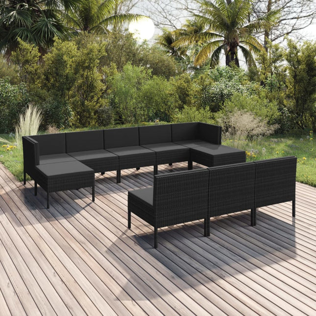 0-Delige Loungeset Met Kussens Poly Rattan Zwart 2x hoek + 6x midden + 2x voetensteun