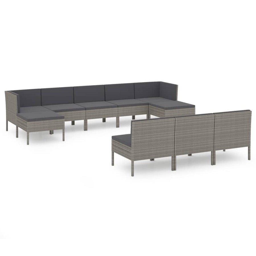 0-Delige Loungeset Met Kussens Poly Rattan Grijs 2x hoek + 6x midden + 2x voetensteun
