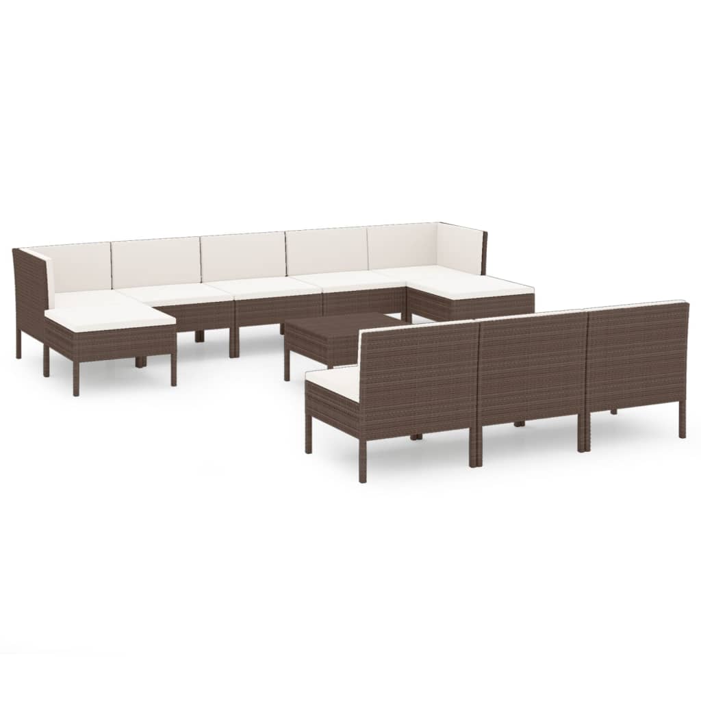 -Delige Loungeset Met Kussens Poly Rattan Bruin 2x hoek + 6x midden + 2x voetensteun + Tafel