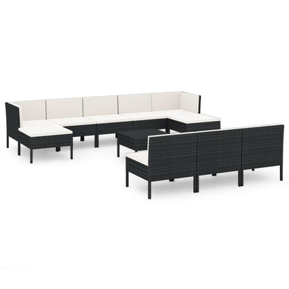 11-delige Loungeset met kussens poly rattan zwart