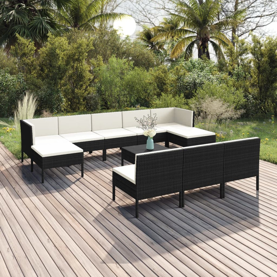 11-delige Loungeset met kussens poly rattan zwart