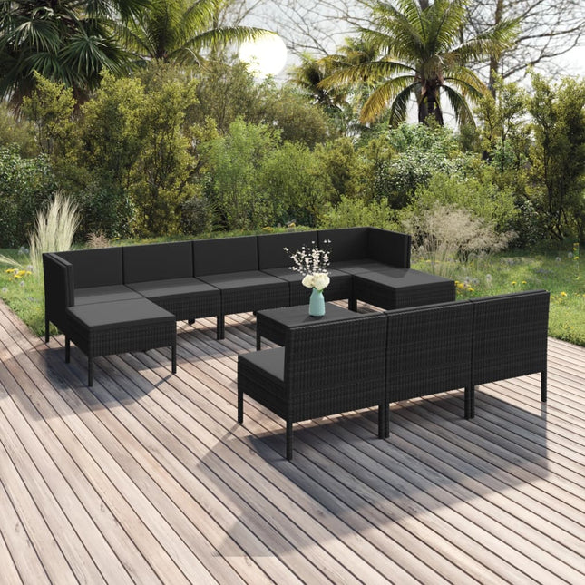 -Delige Loungeset Met Kussens Poly Rattan Zwart 2x hoek + 6x midden + 2x voetensteun + Tafel