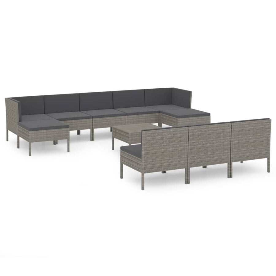 -Delige Loungeset Met Kussens Poly Rattan Grijs 2x hoek + 6x midden + 2x voetensteun + Tafel