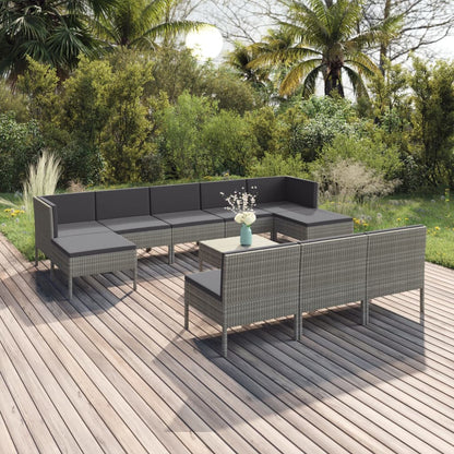 -Delige Loungeset Met Kussens Poly Rattan Grijs 2x hoek + 6x midden + 2x voetensteun + Tafel